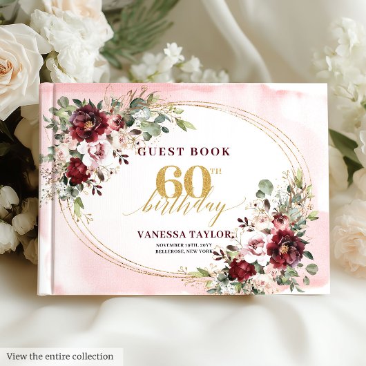 Boho Deep Red Gold Floral 60th Birthday Guest Book ゲストブック