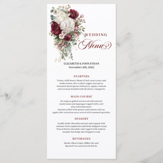 Boho deep red white gold floral wedding menu card メニュー (正面)