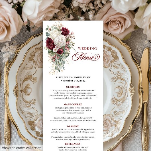 Boho deep red white gold floral wedding menu card メニュー