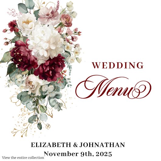 Boho deep red white gold floral wedding menu card メニュー