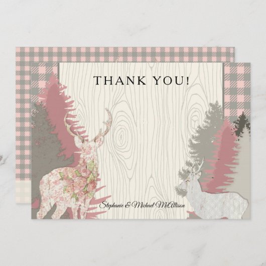 Boho Deer Bear Woodland Forest Plaid Thank You 招待状 (正面/裏面)