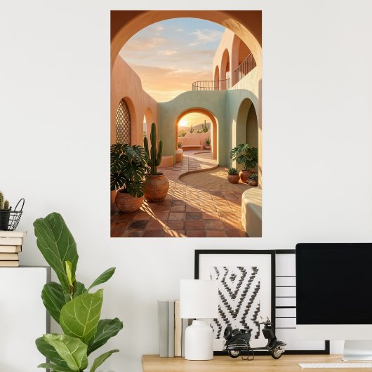 boho-desert-archway-sunset-geometric-courtyard-wal ポスター (ホームオフィス)