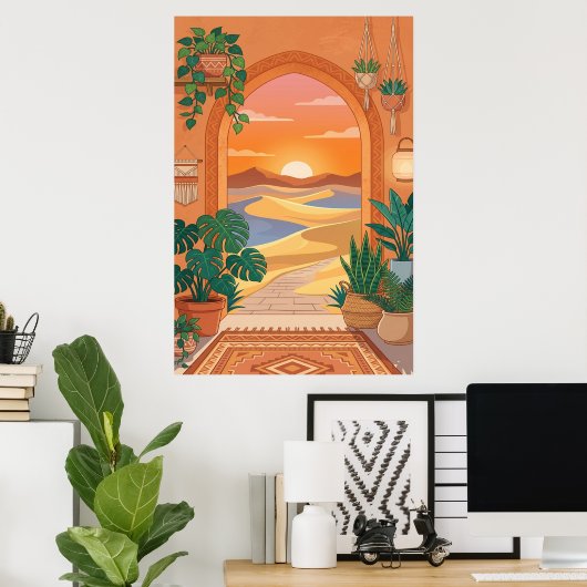 Boho Desert Archway Sunset with Dunes, Hanging Pla ポスター (ホームオフィス)