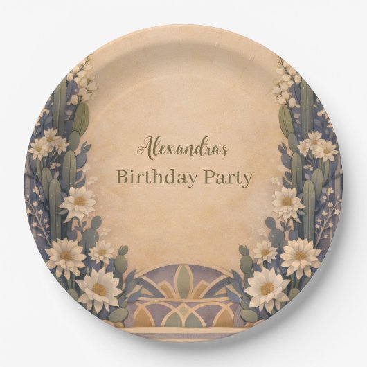 Boho Desert Cactus Birthday ペーパープレート (正面)