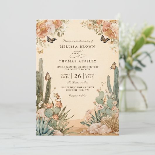 Boho Desert Cactus Elegant QR Code Wedding 招待状 (スタンド正面)