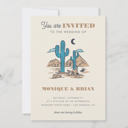 Boho Desert Cactus Retro Arizona Wedding Photo 70s 招待状 (正面)