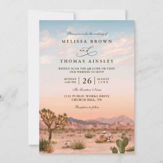 Boho Desert Cactus Rustic Elegant QR Code Wedding 招待状 (正面)