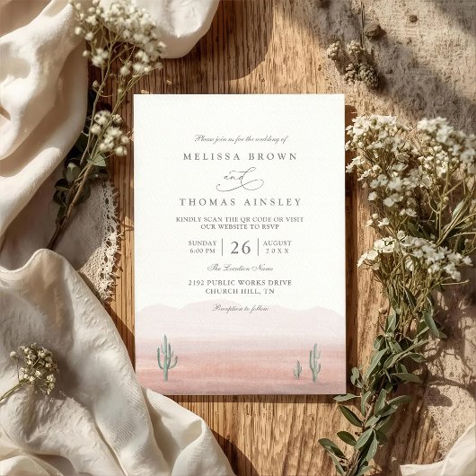 Boho Desert Cactus Rustic Elegant QR Code Wedding 招待状