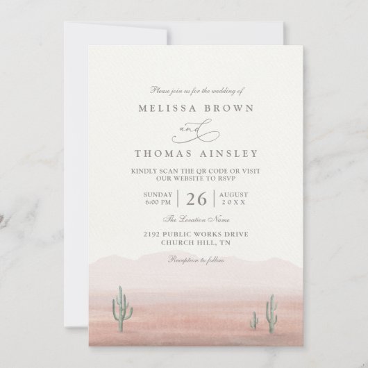 Boho Desert Cactus Rustic Elegant QR Code Wedding 招待状 (正面)