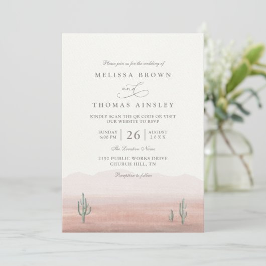 Boho Desert Cactus Rustic Elegant QR Code Wedding 招待状 (スタンド正面)