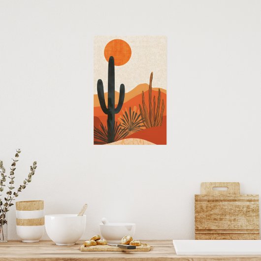Boho Desert Cactus Sunset Landscape ポスター (キッチン)
