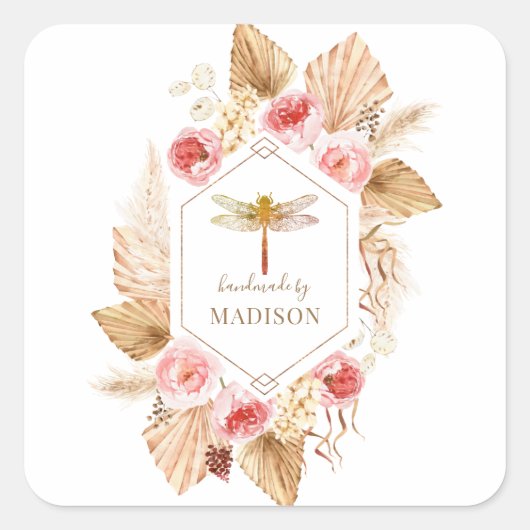 Boho Dragonflyフローラ製品ラベル スクエアシール (正面)