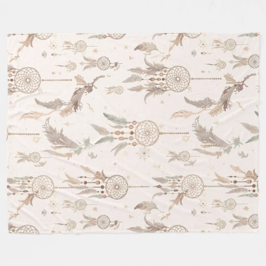 Boho Dream Catcher Celestial Feathers Soft Fleece フリースブランケット (正面(横))