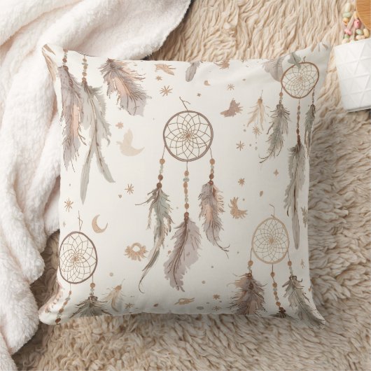 Boho Dream Catcher Feather Pattern Throw Pillow クッション (ブランケット)