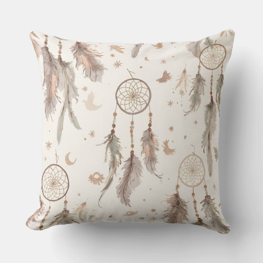 Boho Dream Catcher Feather Pattern Throw Pillow クッション (正面)