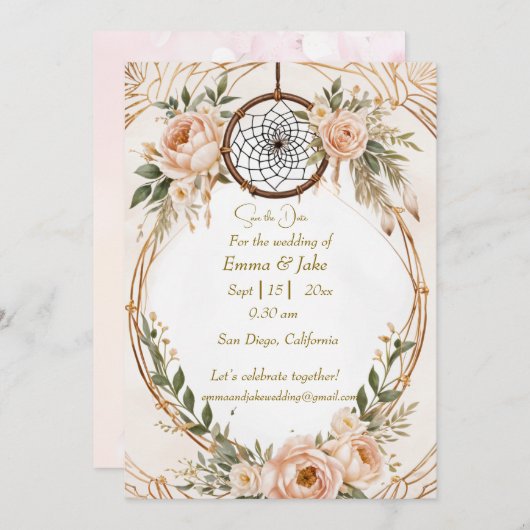 Boho DreamcatcherエレガントフローラSave the Date Car シーズンカード (正面/裏面)