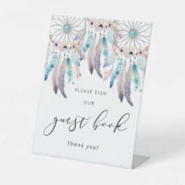 Boho Dreamcatcherゲストブックベビーシャワーのサイン 台座サイン