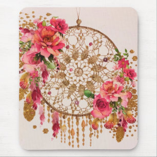 Boho Dreamcatcherピンク金ゴールドフローラ水彩 マウスパッド