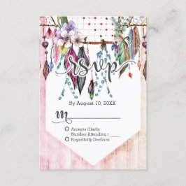 Boho Dreamcatcher & FeatersピンクウェディングRSVP 出欠カード