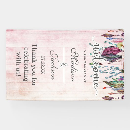 Boho Dreamcatcher & Featers Pink's 結婚 Welcome 横断幕 (横)