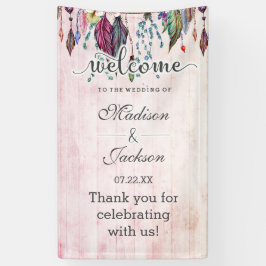 Boho Dreamcatcher & Featers Pink's 結婚 Welcome 横断幕