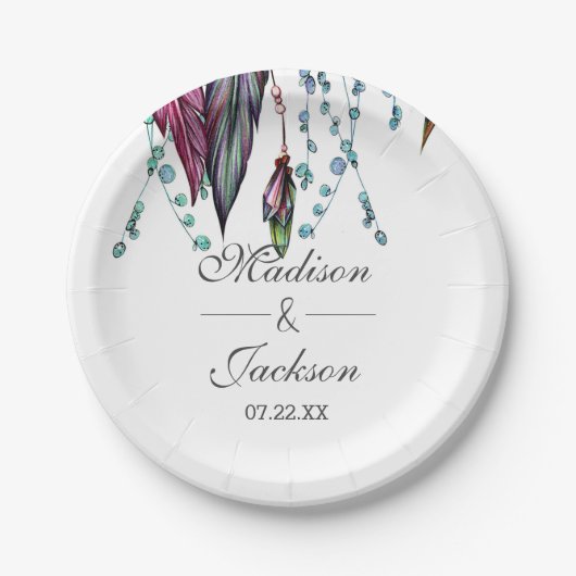 Boho Dreamcatcher & Feers Pink's 結婚 Monogram ペーパープレート (正面)