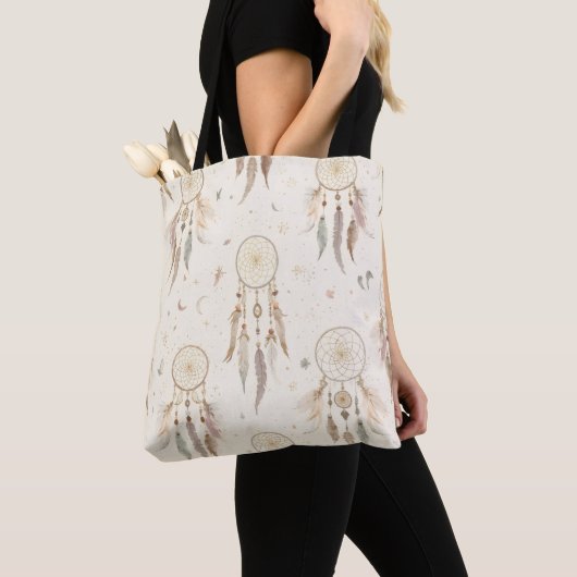 Boho Dreamcatcher Tote Bag | Ethereal Feathers トートバッグ (クローズアップ)