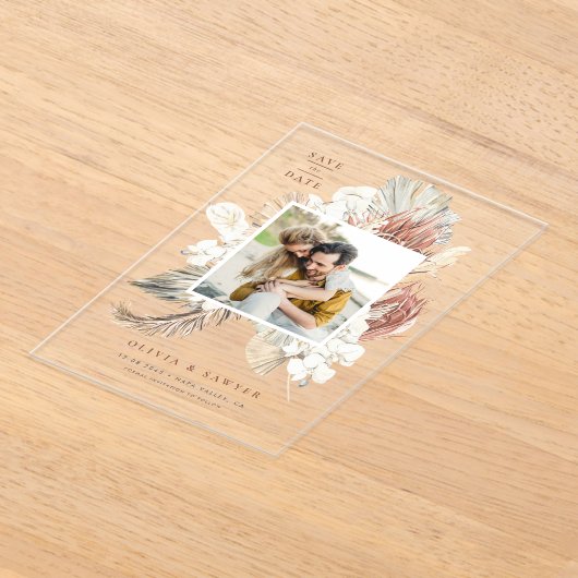 Boho Dried Palm and Orchids Photo Save the Date アクリル招待状 (レイダウン)