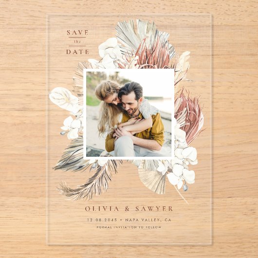 Boho Dried Palm and Orchids Photo Save the Date アクリル招待状 (正面)