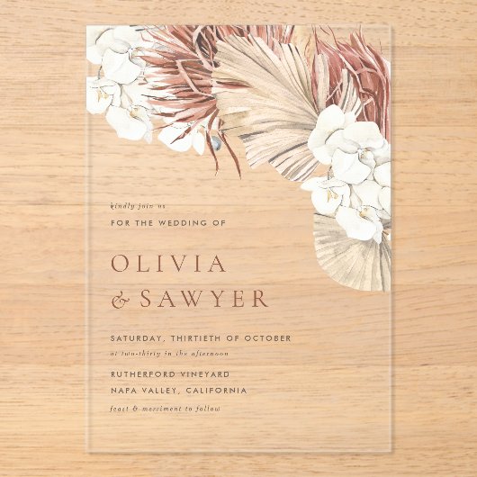 Boho Dried Palm Leaves and White Orchids Wedding アクリル招待状 (正面)