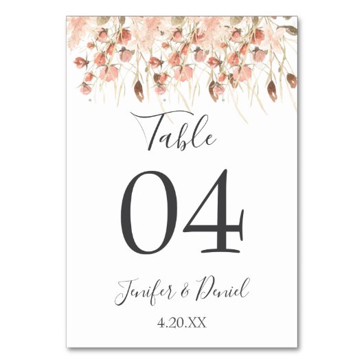 Boho Dried Watercolor Floral Wedding テーブルナンバー (正面)