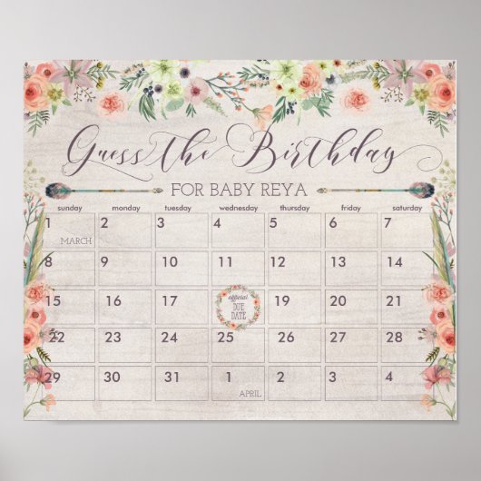 Boho Due Date Calendar Sign Baby Shower Game ポスター (正面)