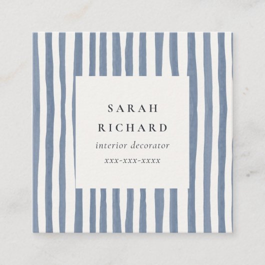 Boho Dusky Blue Hand Drawn Strips QR Code スクエア名刺 (正面)