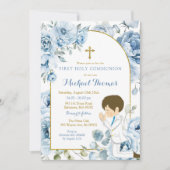 Boho Dusty Blueフローラ少年祈の最初の聖餐式 招待状 (正面)