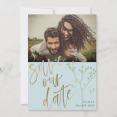 Boho Dusty Blue私たち救のデータスフェイク金ゴールドと葉 シーズンカード (正面)