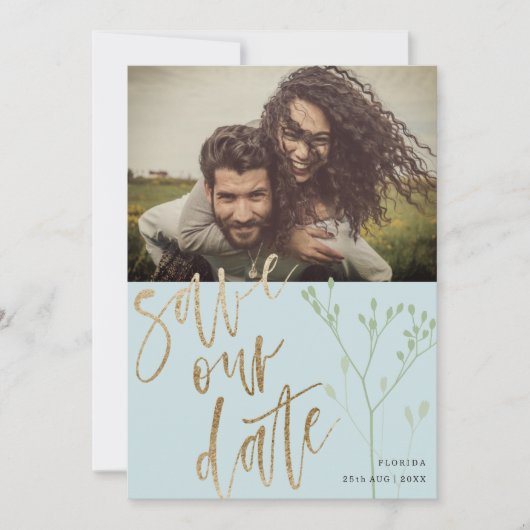 Boho Dusty Blue私たち救のデータスフェイク金ゴールドと葉 シーズンカード (正面)