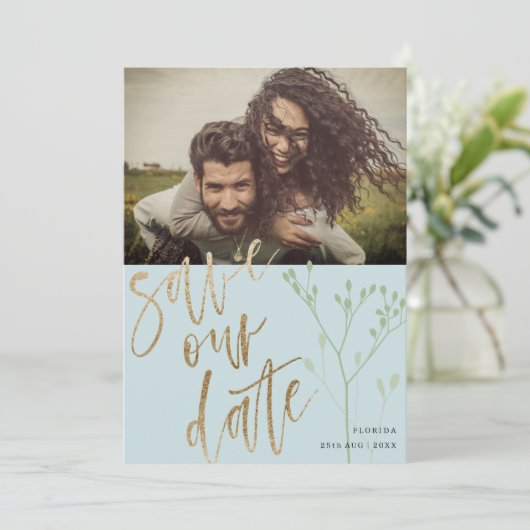 Boho Dusty Blue私たち救のデータスフェイク金ゴールドと葉 シーズンカード (スタンド正面)