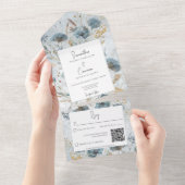 Boho Dusty Blue & BrownフローラモノグラムQRコード オールインワン招待状 (貼ってはがせる)