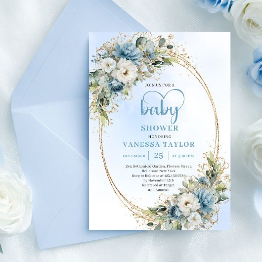 Boho Dusty Blue Eucalyptus Baby Shower Invitation 招待状