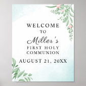 Boho Dusty Blue Eucalyptus Communion Welcome ポスター (正面)