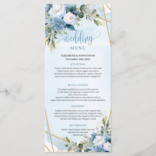 Boho Dusty Blue Eucalyptus Floral Wedding Menu メニュー (正面)