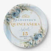 Boho Dusty Blue Eucalyptus Gold Glitter Custom ペーパープレート (正面)