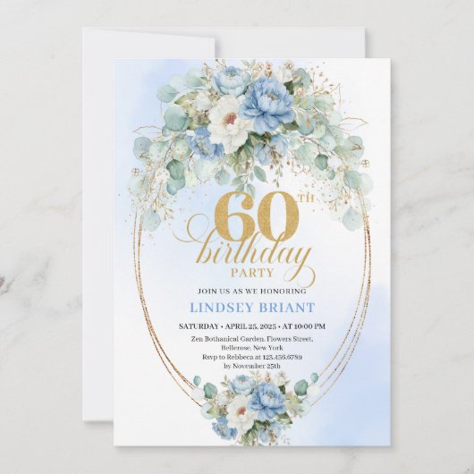 Boho Dusty Blue Floral 60th Birthday Invitation 招待状 (正面)
