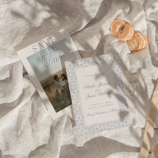 Boho Dusty Blue Floral Botanical Photo Wedding  セーブザデート