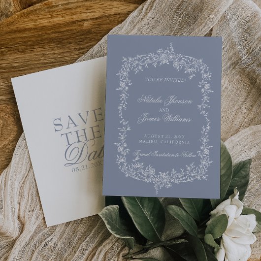 Boho Dusty Blue Floral Botanical Wedding Save The セーブザデート