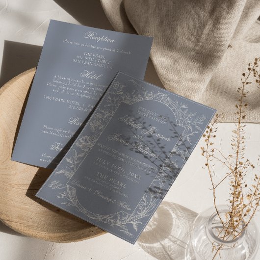 Boho Dusty Blue Floral Classy All In One Wedding 招待状
