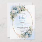 Boho Dusty Blue Floral Eucalyptus Gold Baby Shower 招待状 (正面)