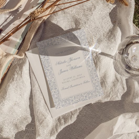 Boho Dusty Blue Floral Fancy Botanical Wedding  セーブザデート