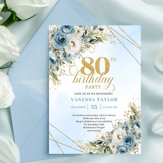 Boho Dusty Blue Floral Gold 80th Birthday Invite 招待状