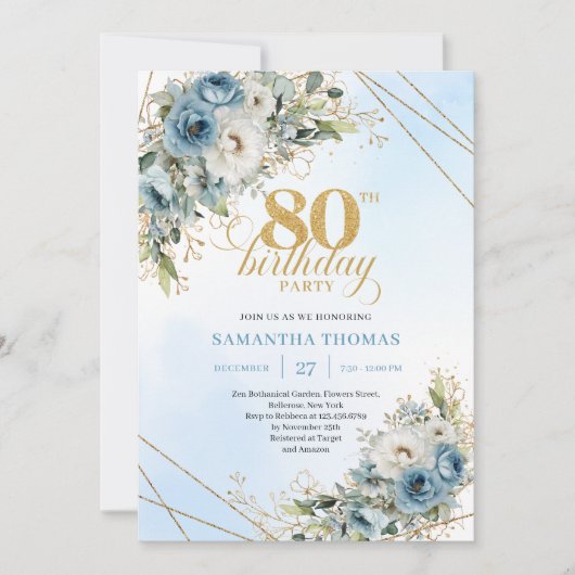 Boho Dusty Blue Floral Gold 80th Birthday Invite 招待状 (正面)